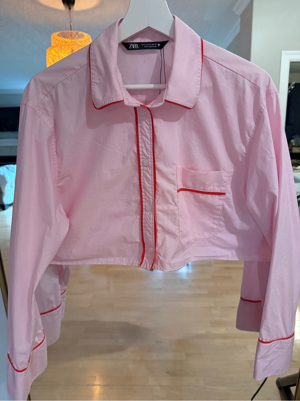 Zara Light Pink Cropped Blazer with Red Piping